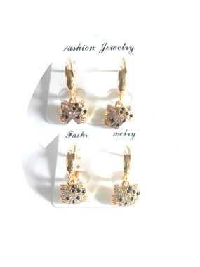 Gold Plated Kitty Style Drop Earrings  Pink And Clear Rhinestone